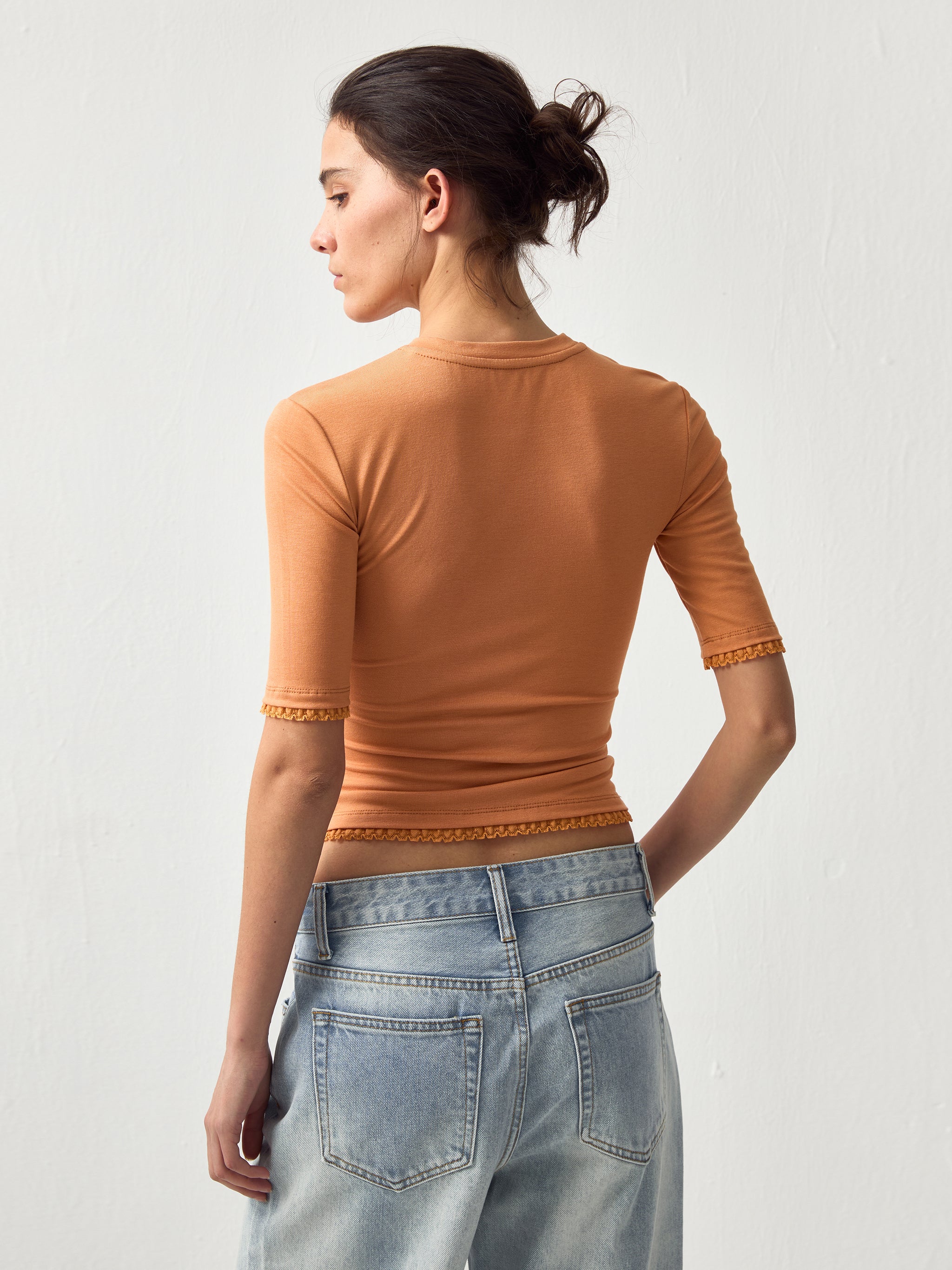 CUBIC Lace Trim Fitted Mid-Sleeve Top-12
