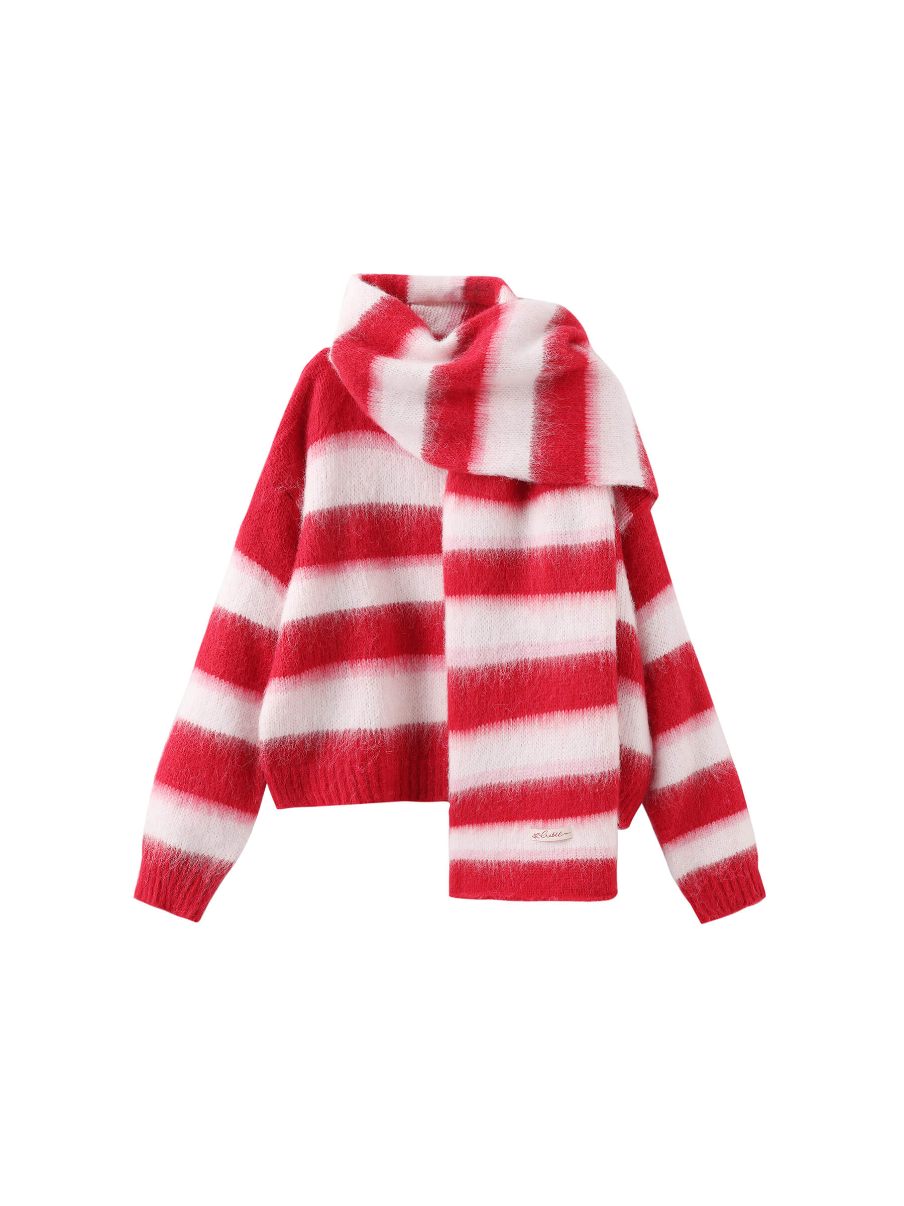 Striped Color Block Wool Knit Cardigan With Scarf-14