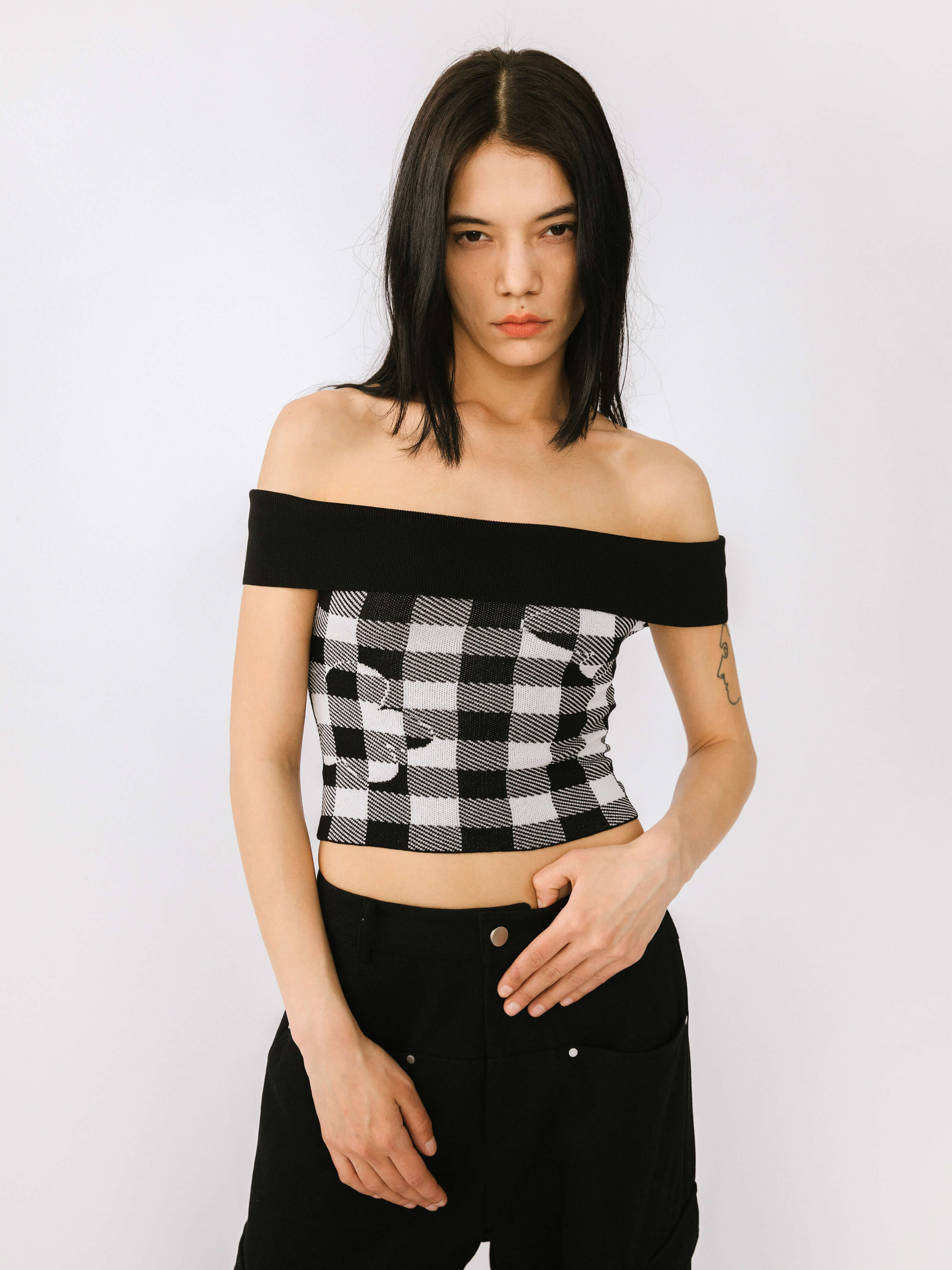 Off-Shoulder Checkered Knit Cami Top-15