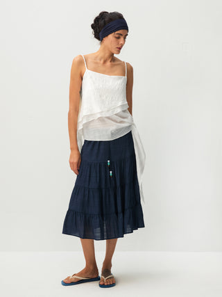 CUBIC Lyocell Linen Blend Tiered Striped Midi Skirt