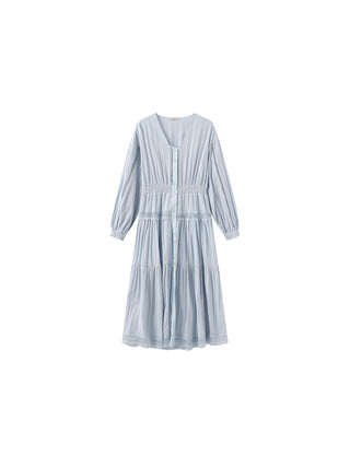 100% Cotton Lace Hollow V-Neck Waist-Cinched Maxi Dress