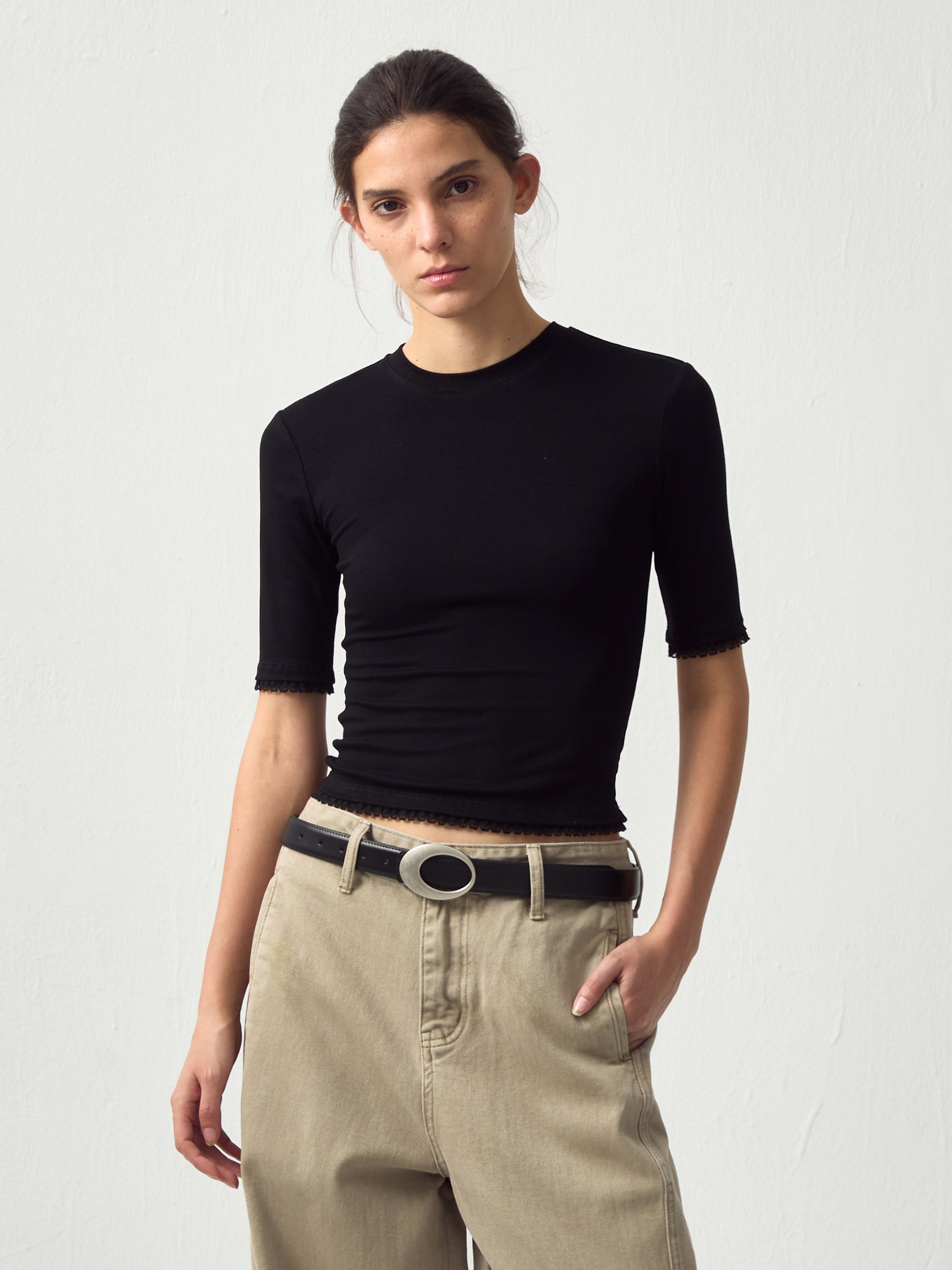 CUBIC Lace Trim Fitted Mid-Sleeve Top-13