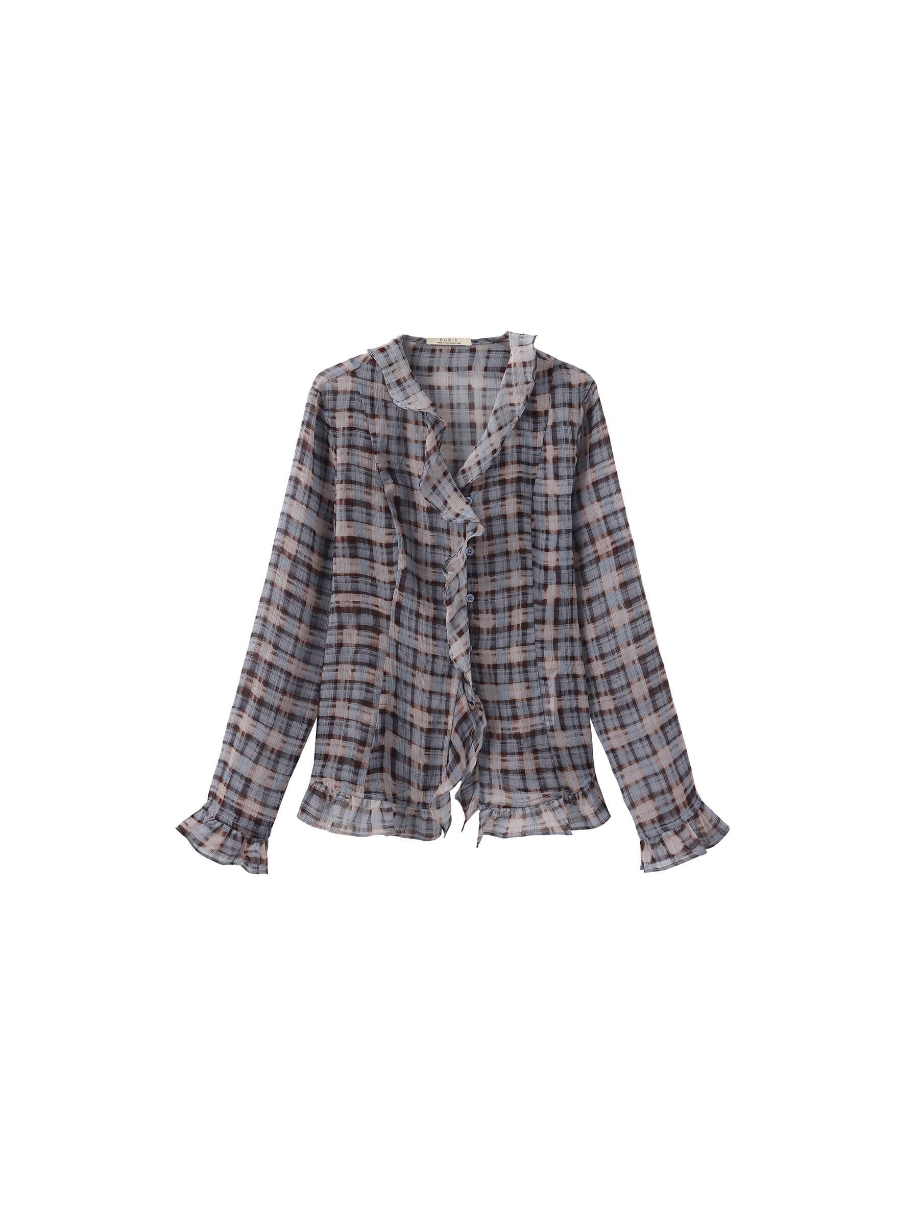 Semi-Sheer Ruffle Trim Check Shirt-16