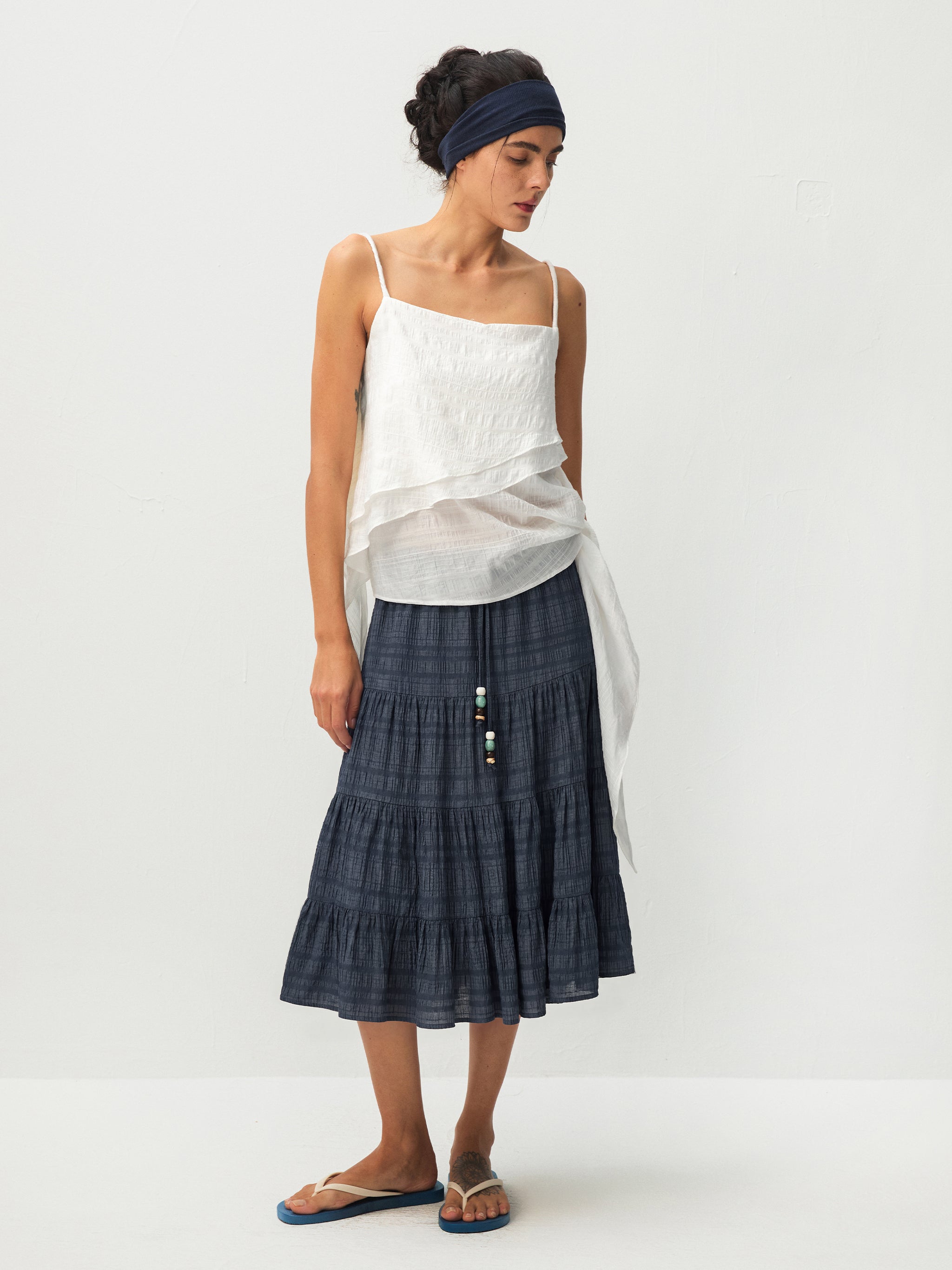 CUBIC Lyocell Linen Blend Tiered Striped Midi Skirt-13