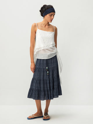 CUBIC Lyocell Linen Blend Tiered Striped Midi Skirt