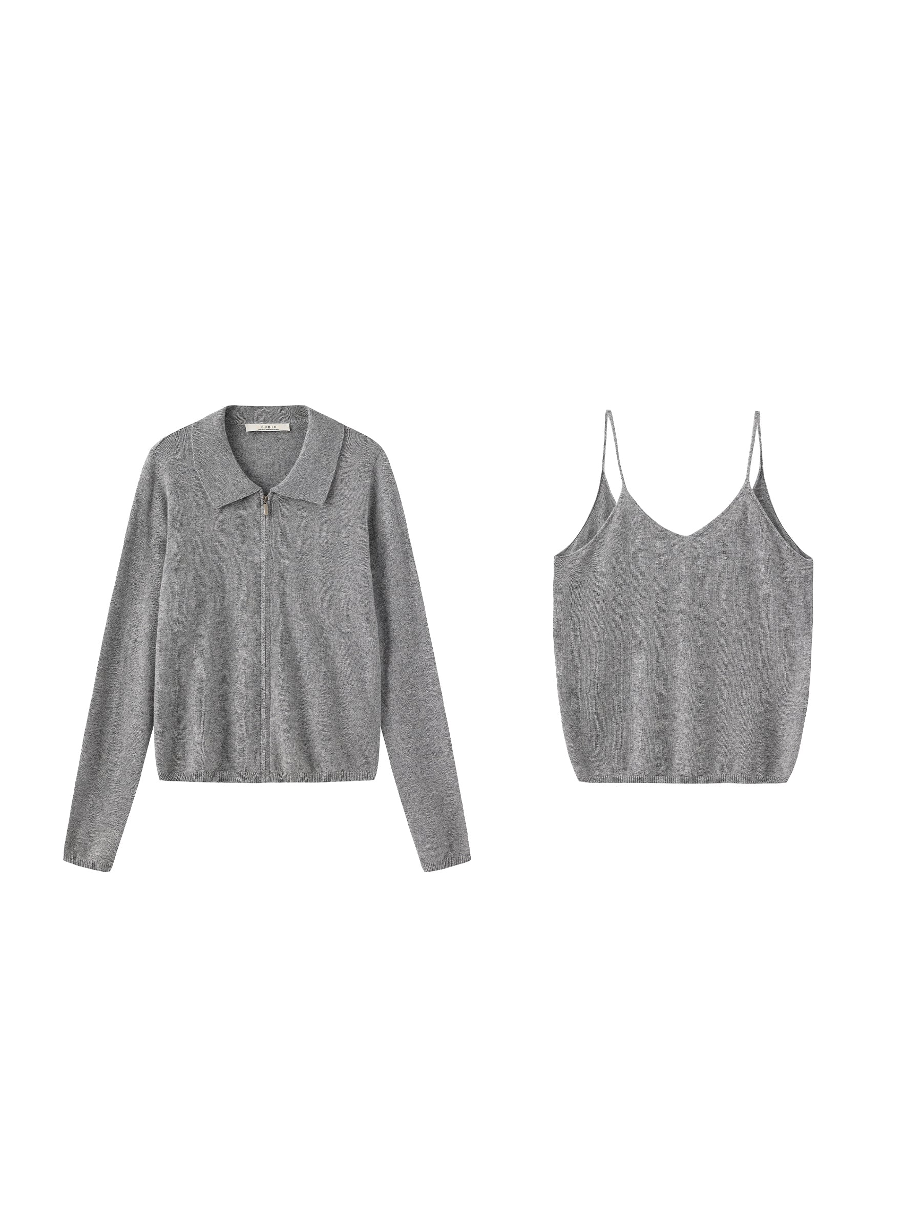 Zip-Up Collared Cropped Knit Cardigan & Vest Set-13