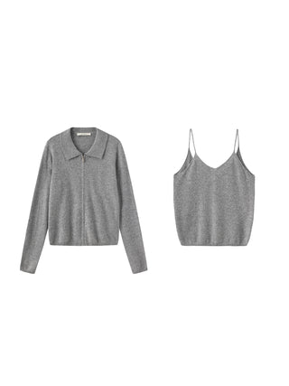 Zip-Up Collared Cropped Knit Cardigan & Vest Set