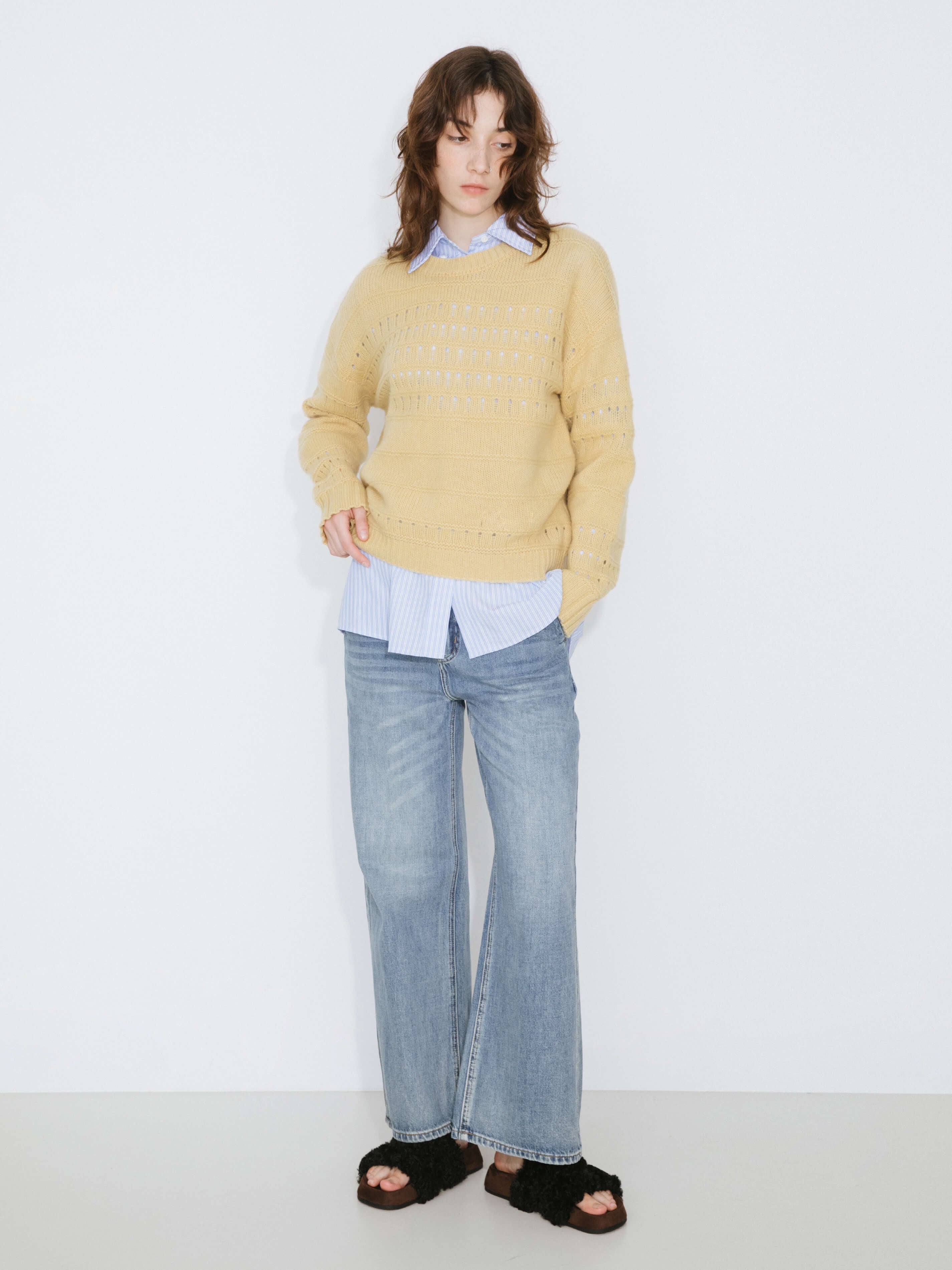 Hollowed 100% Wool Long Sleeves Knit Sweater-13