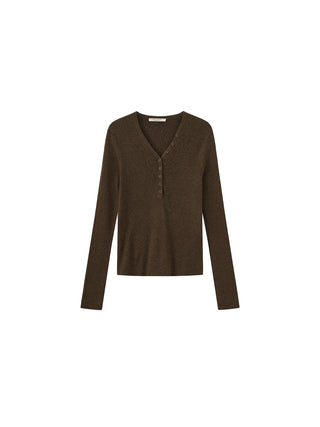 V-Neck Button-Front Fitted Knit Top