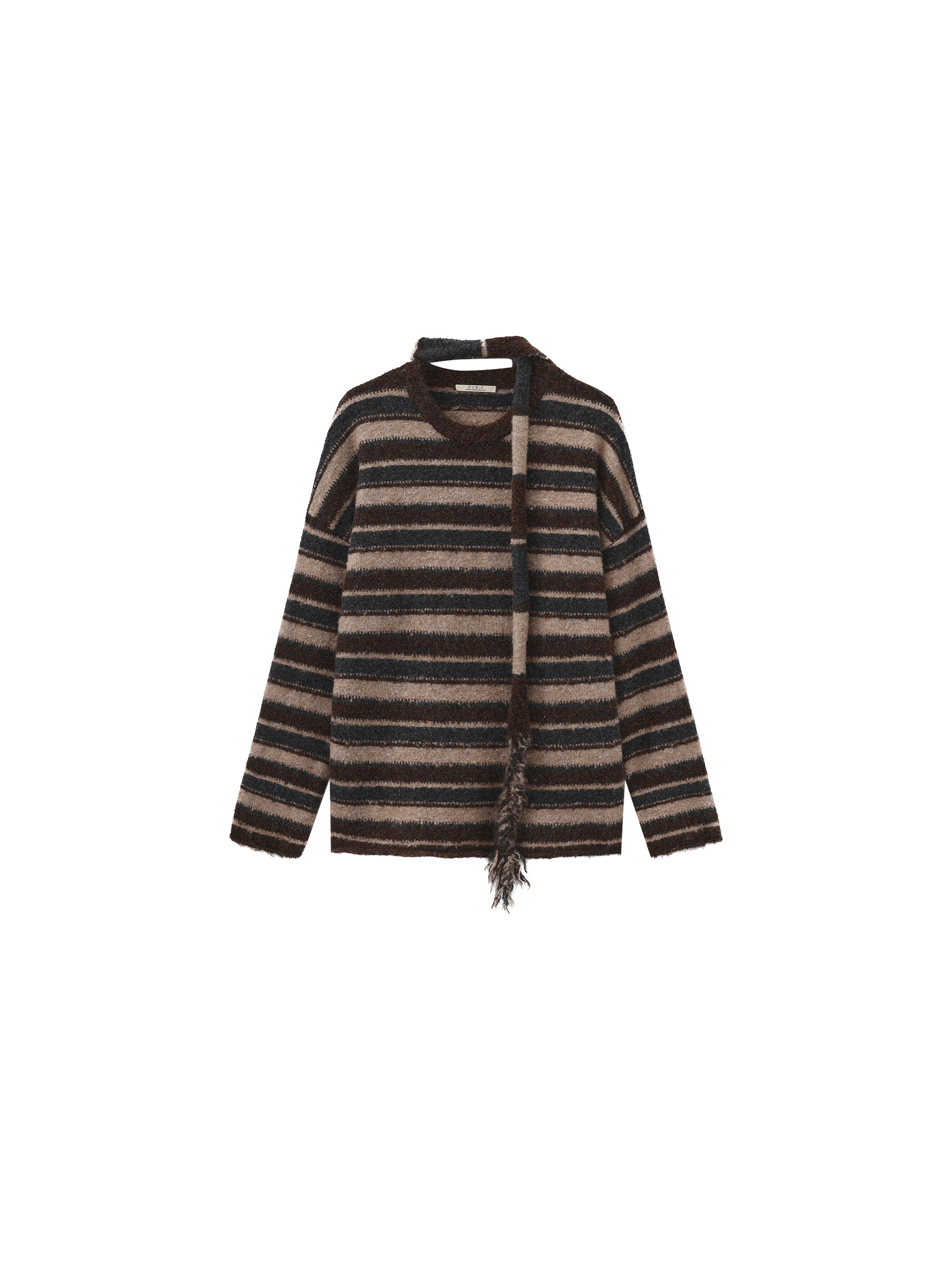 Retro Striped Pullover Sweater with Scarf-13