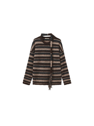 Retro Striped Pullover Sweater with Scarf