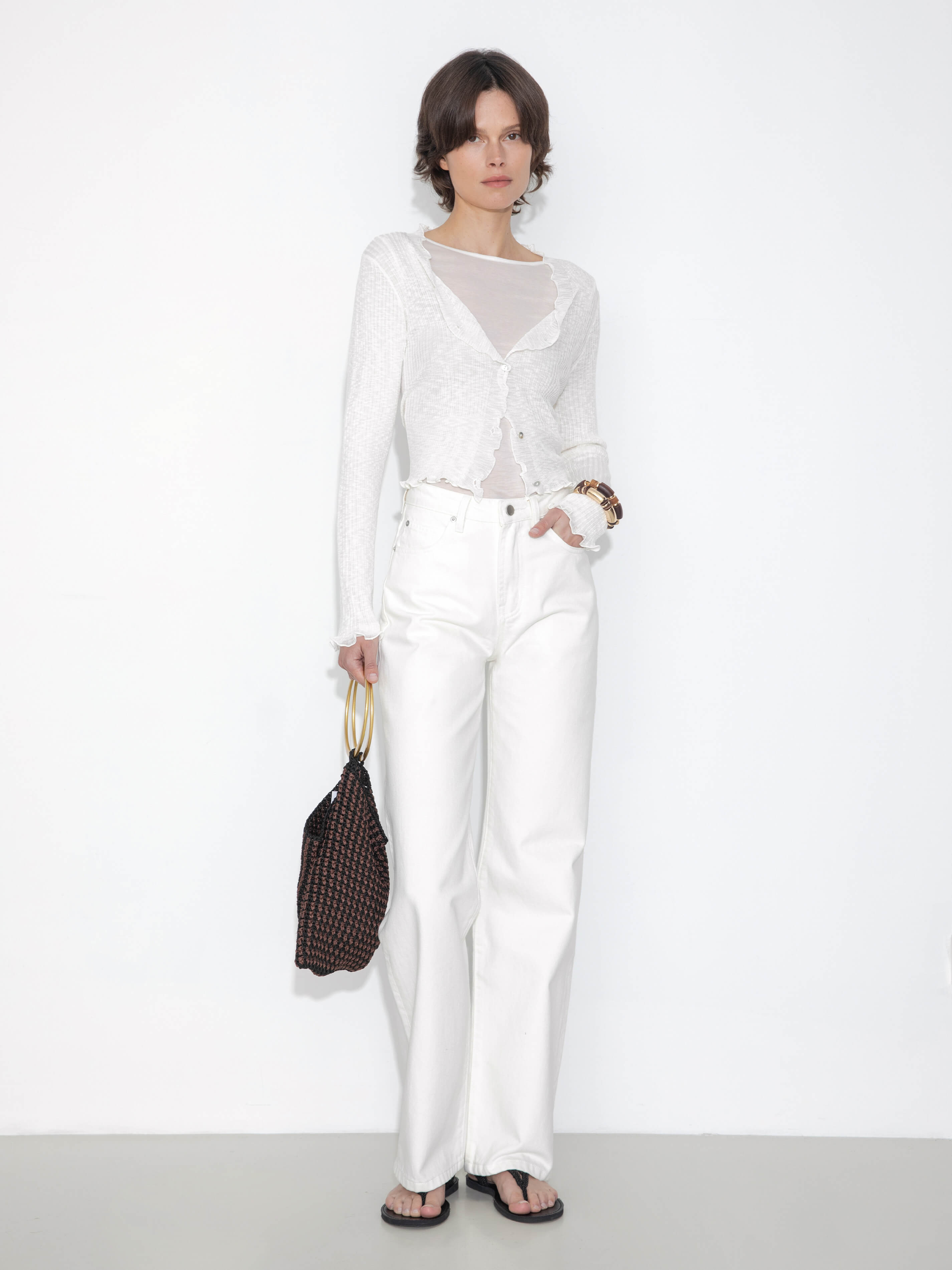 V-Neck Knit Cardigan with Ruffled Long Sleeves-11