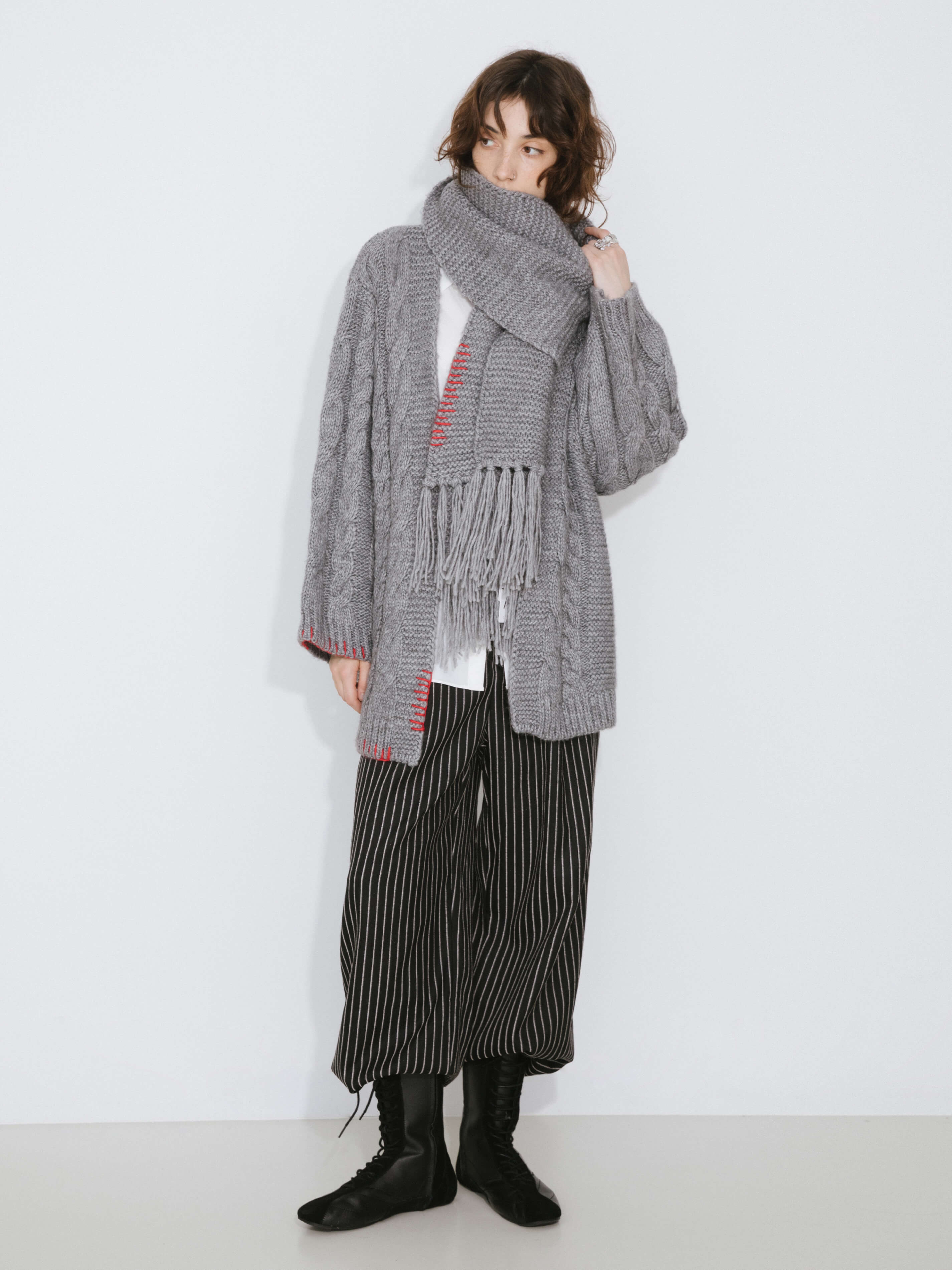 Fringed Long Scarf with Wool Blend-14