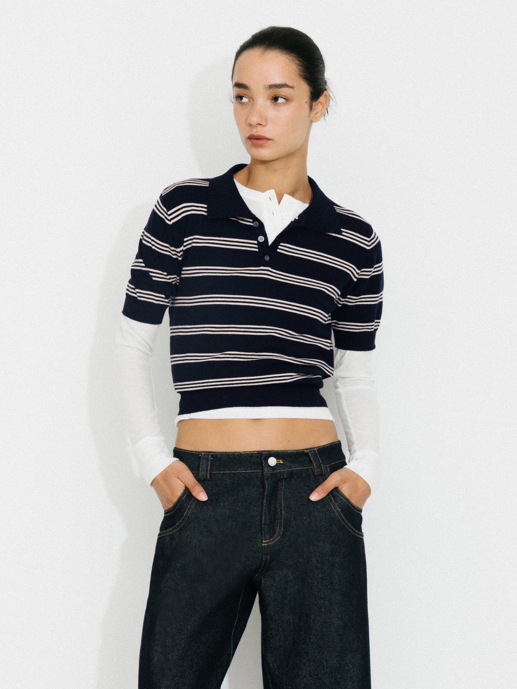 CUBIC-Striped Cropped Polo Collar Cotton T-Shirt-13