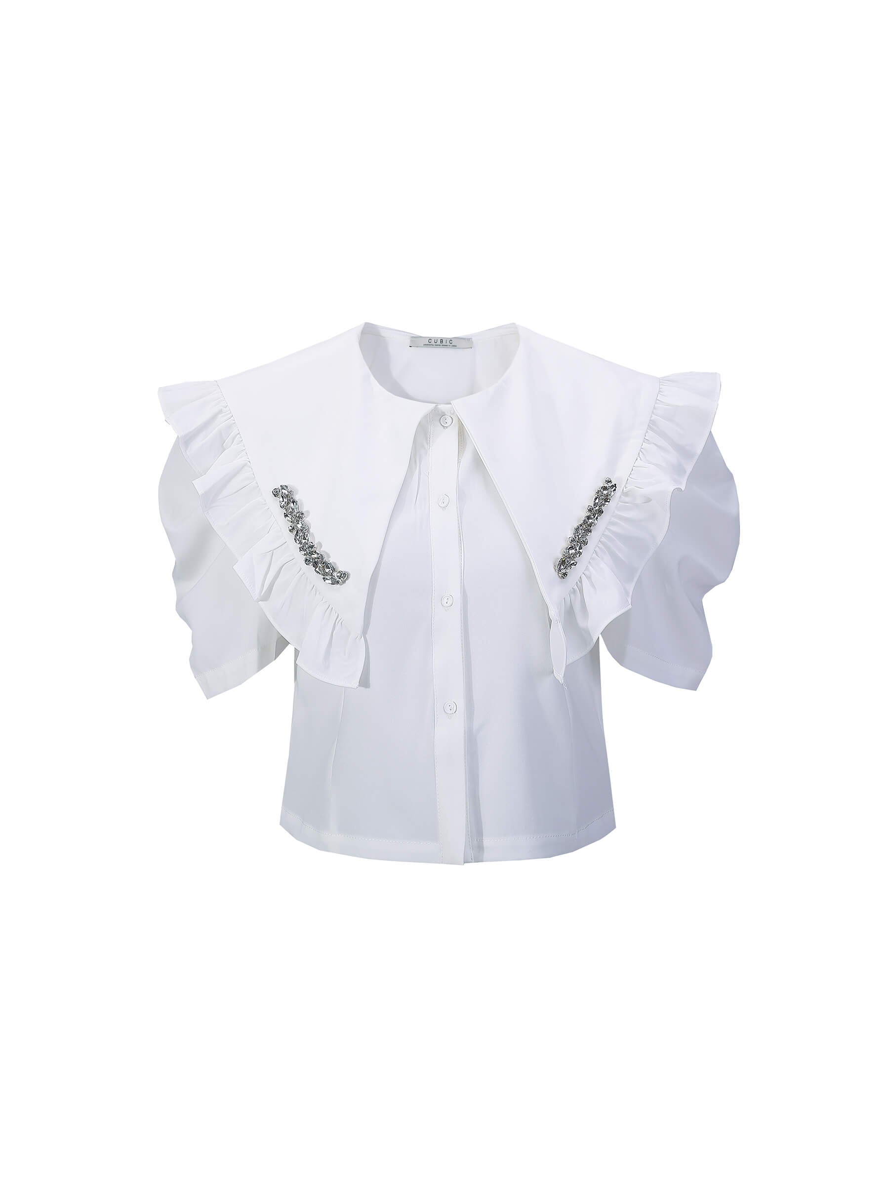 Large Lapel Strass Puff Sleeves T-shirt-13
