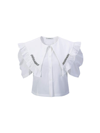 Large Lapel Strass Puff Sleeves T-shirt