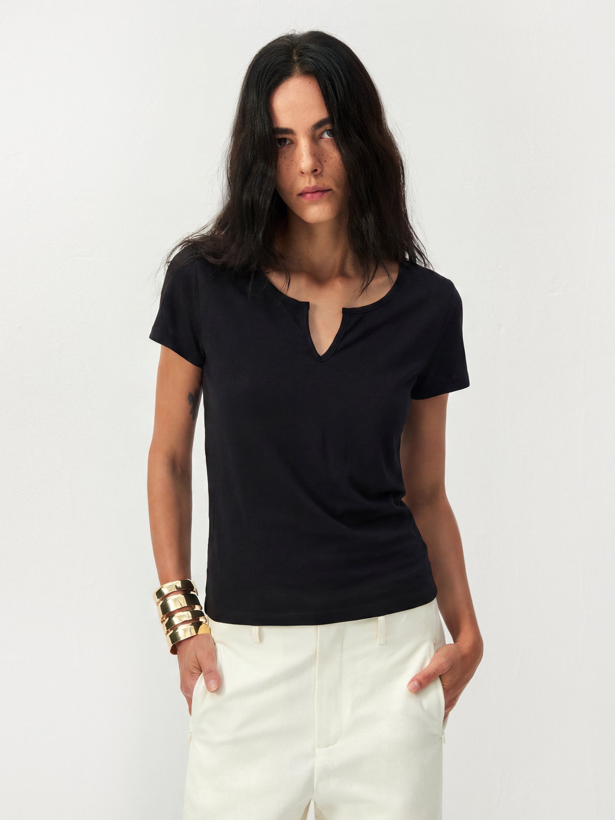 CUBIC Cotton-Blend Notch Neck Slim Fit T-shirt-13