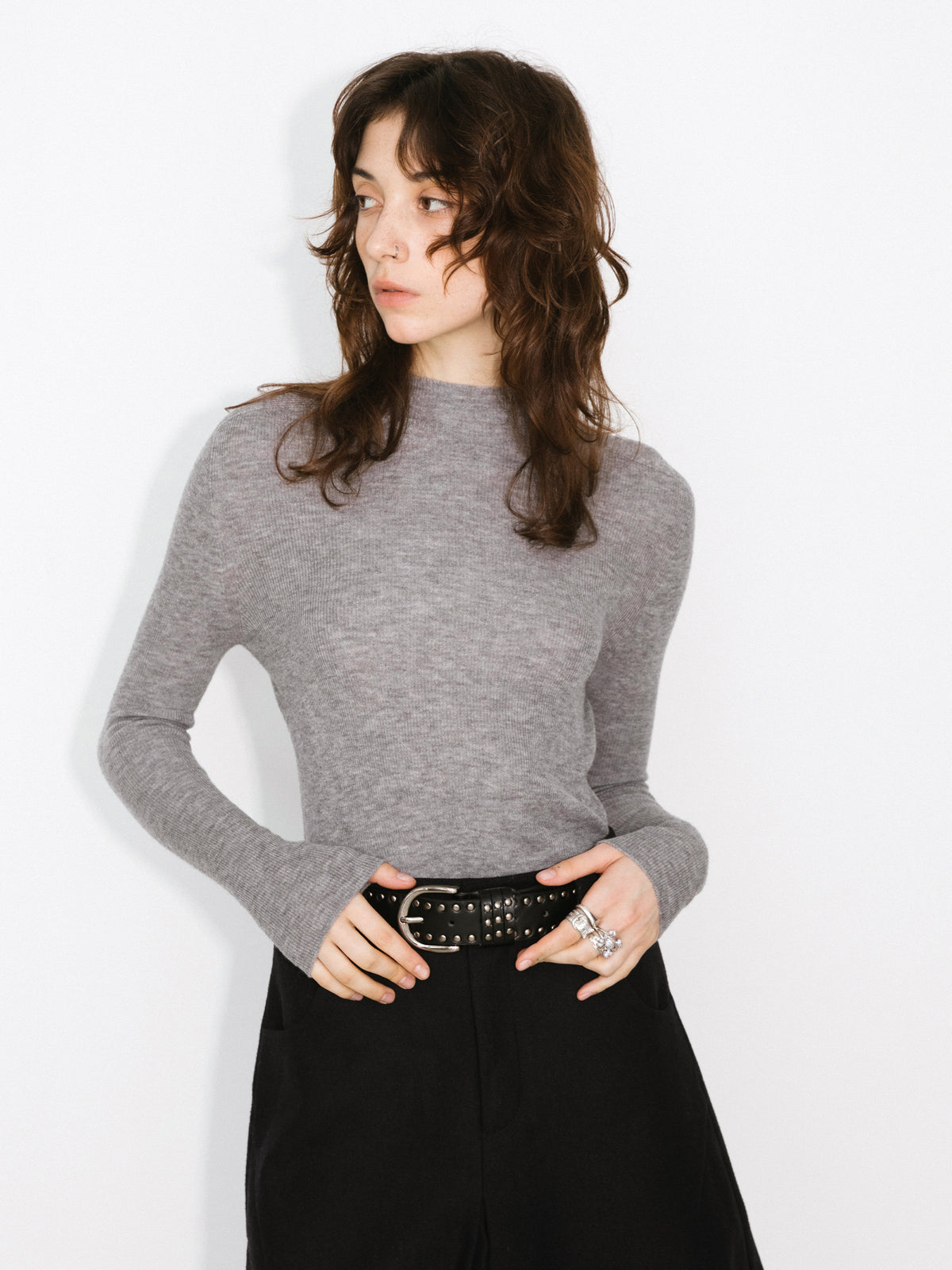 CUBIC 100% Wool Mock‑Neck Fitted Knit Top-13
