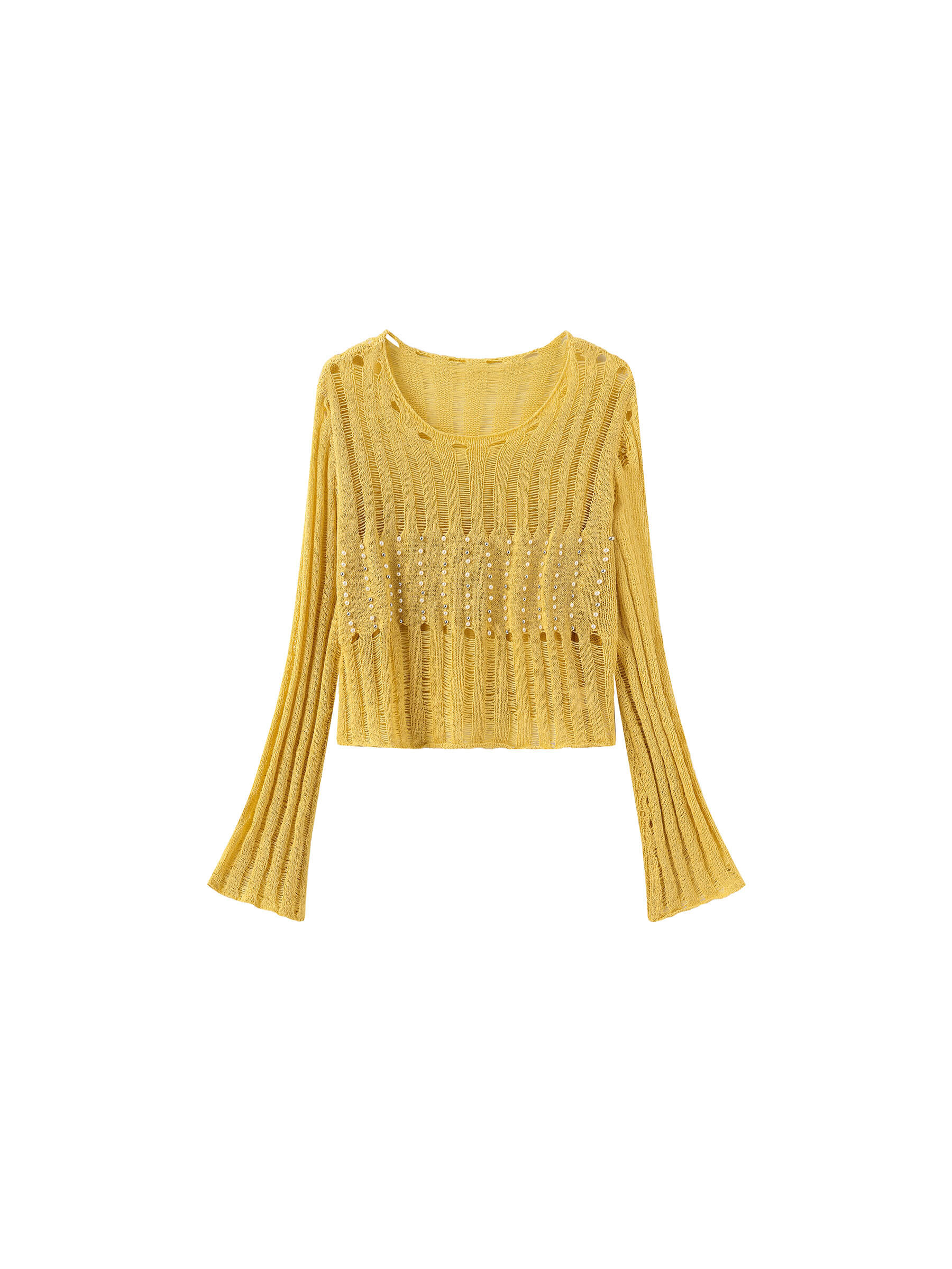 Beaded Hollow-Out Knit Top with Flare Sleeves-15