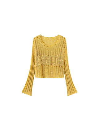 Beaded Hollow-Out Knit Top with Flare Sleeves