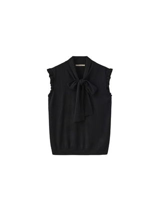 Ruffled Sleeve Sleeveless Knit Top with Attached Scarf