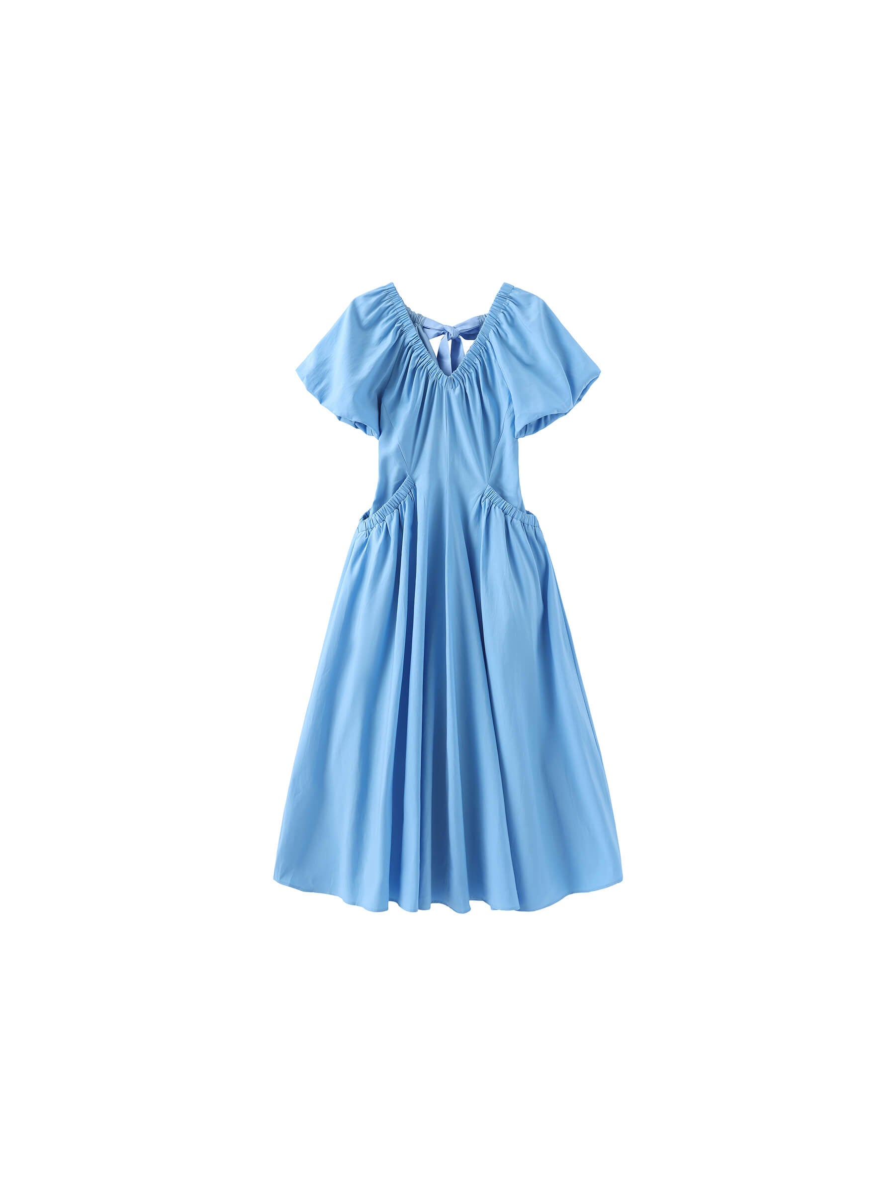 V-neck Pleated Puff Sleeve Dress-13
