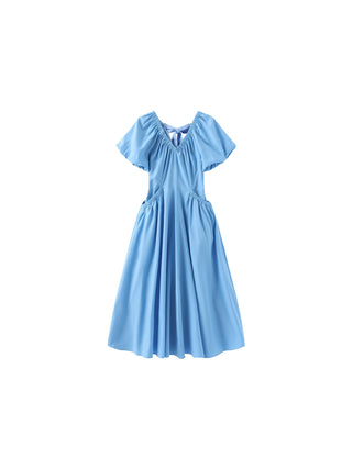 V-neck Pleated Puff Sleeve Dress