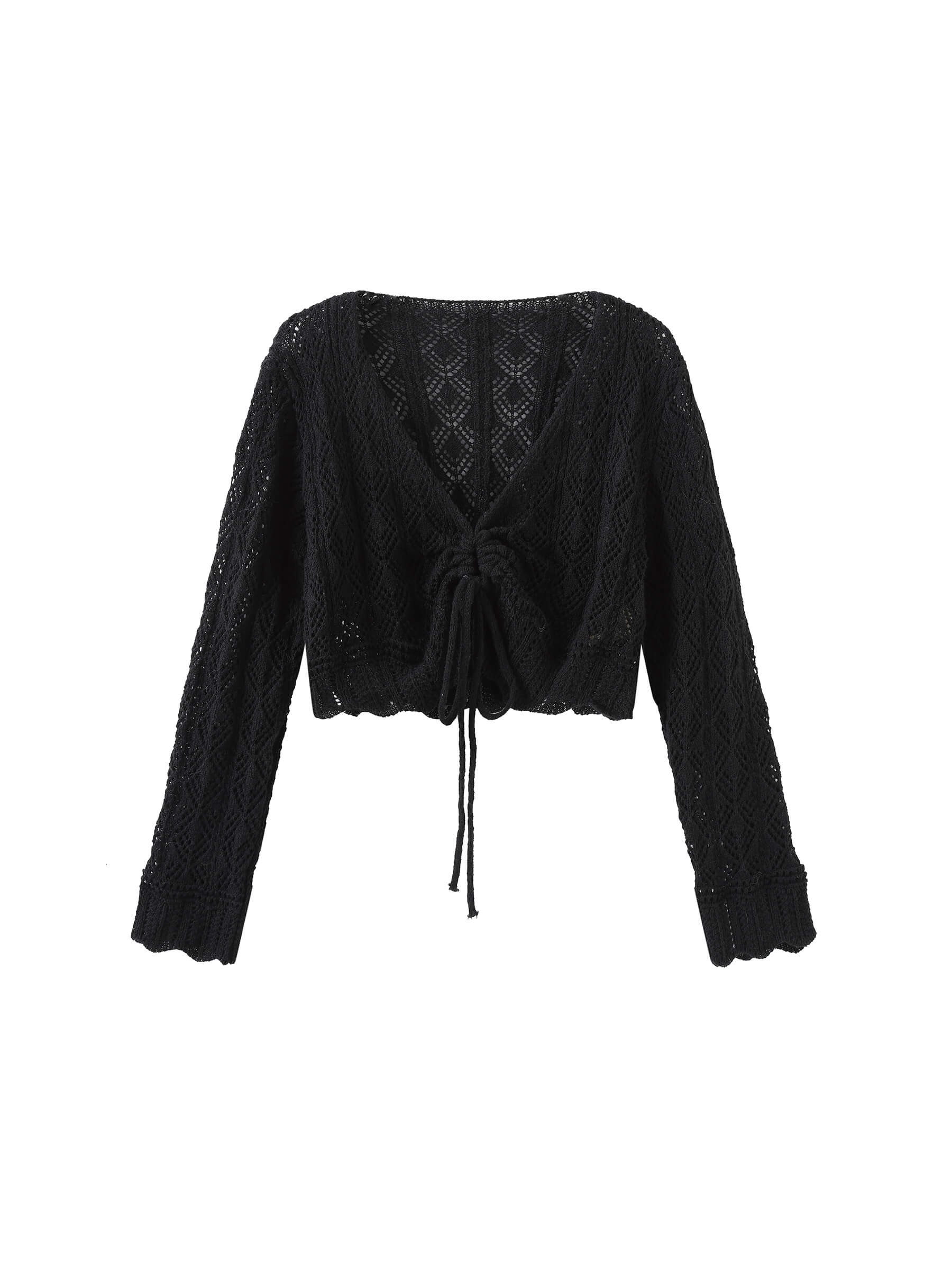 Thin Knit V-Neck Drawstring Top-15