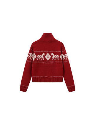 Horse Pattern Diamond Zip-Up Knit Cardigan