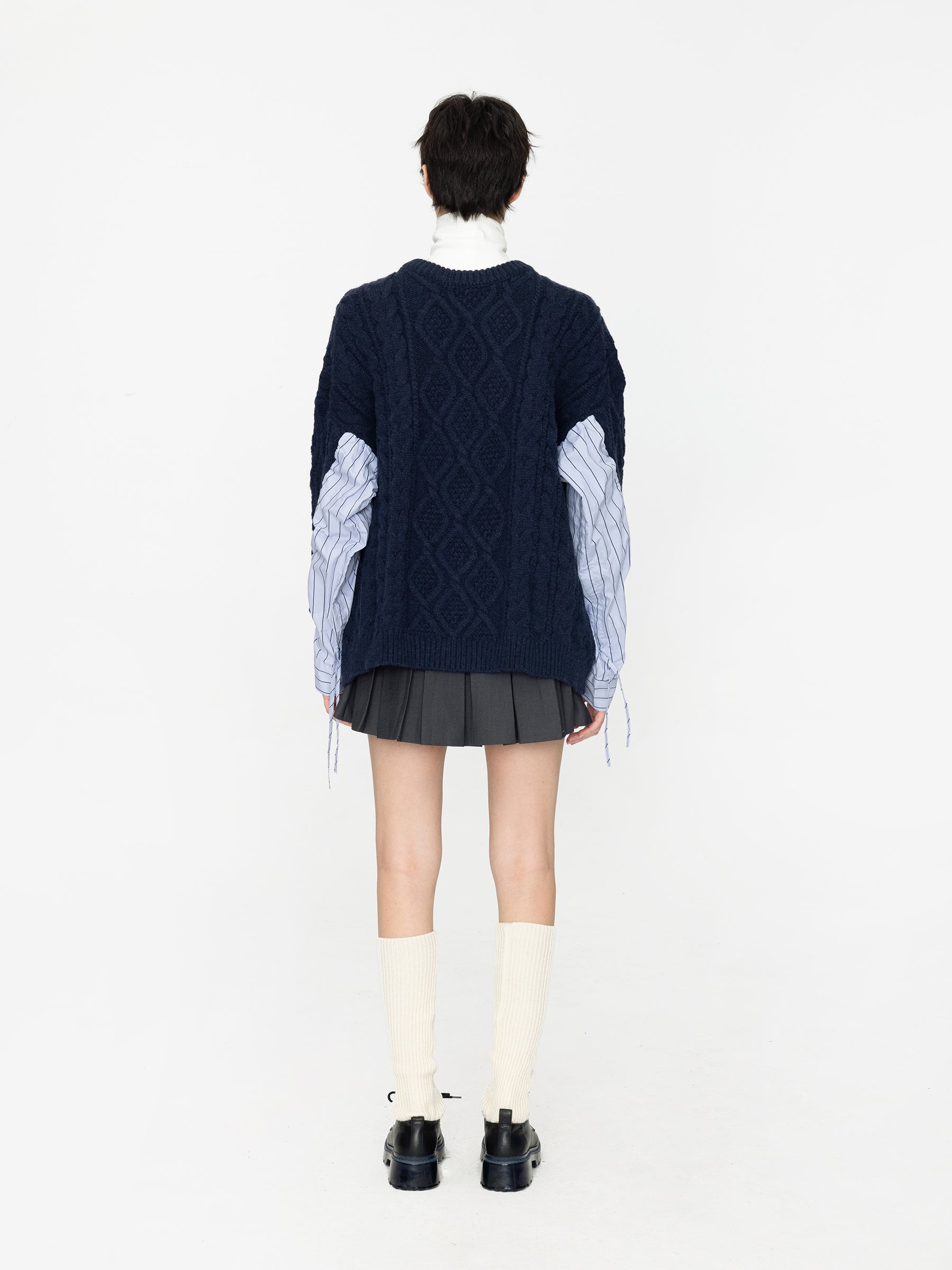 Cable Knit Jumper With Shirting Sleeves-17