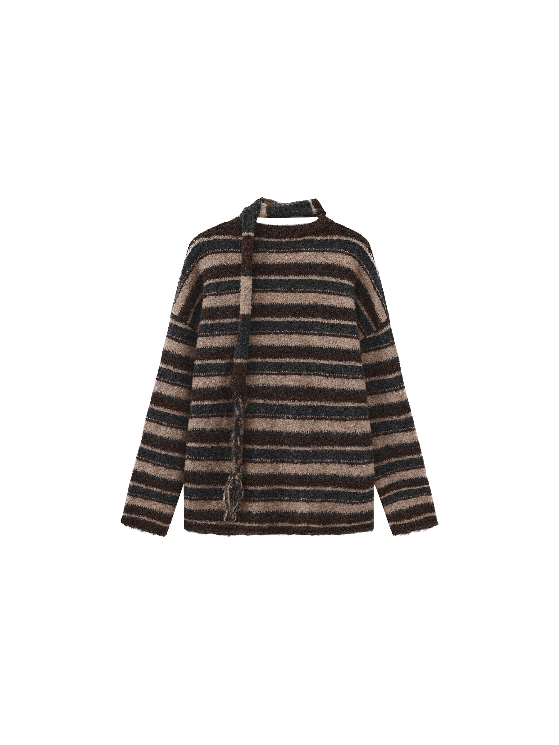 Retro Striped Pullover Sweater with Scarf-14