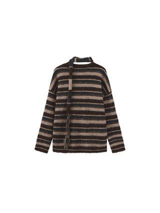 Retro Striped Pullover Sweater with Scarf