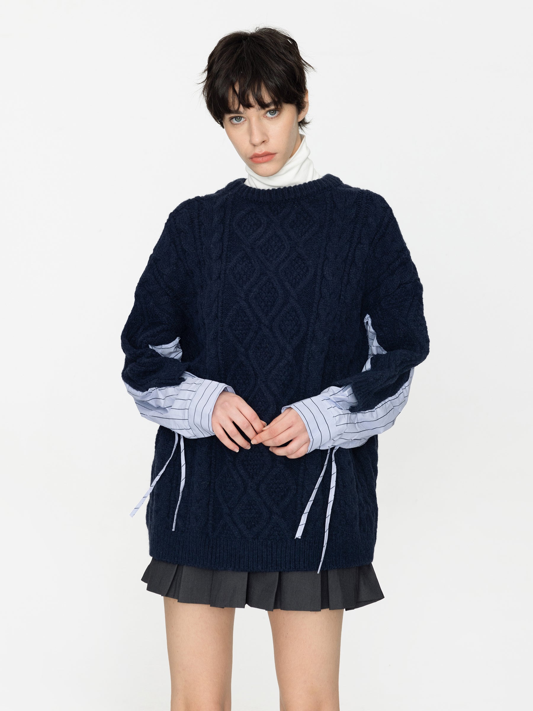 Cable Knit Jumper With Shirting Sleeves-18