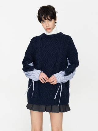 Cable Knit Jumper With Shirting Sleeves