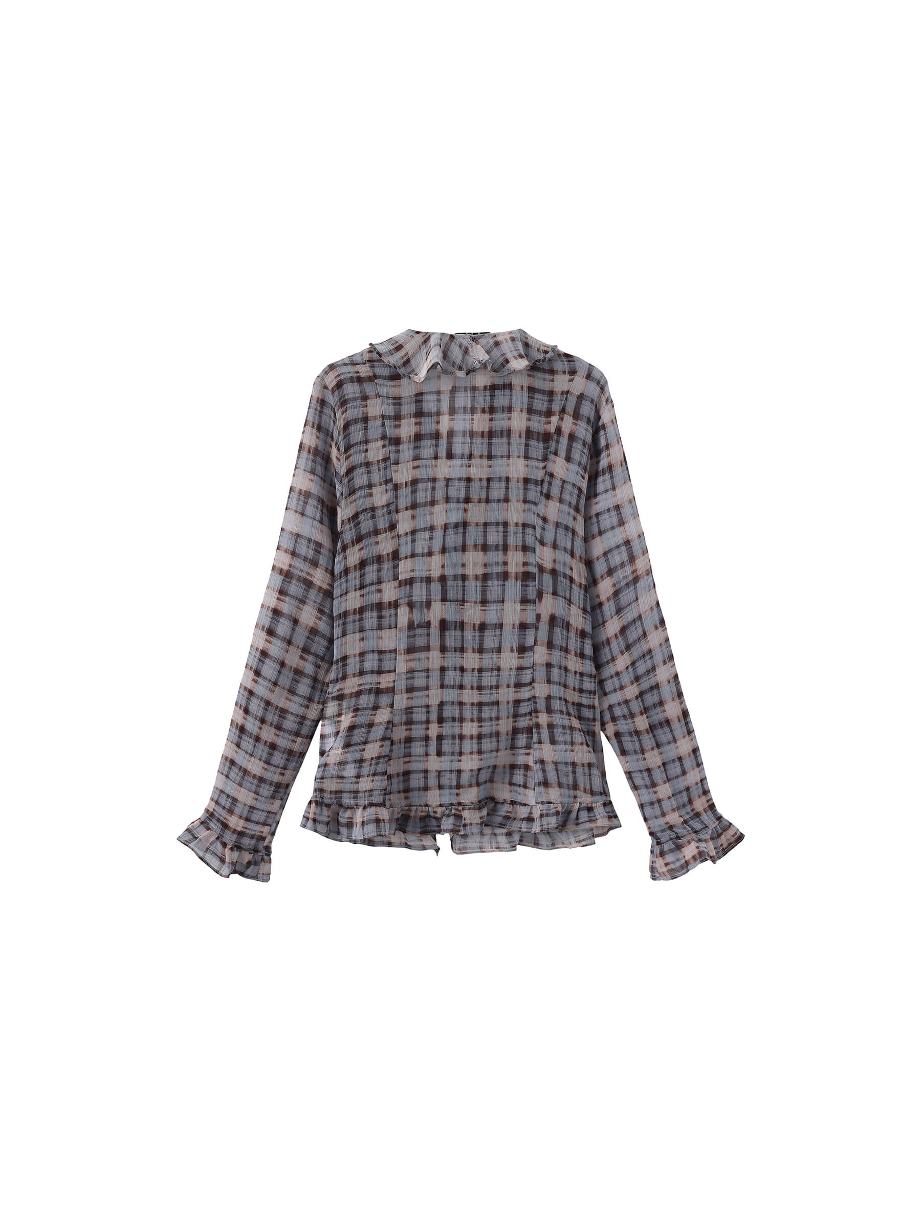 Semi-Sheer Ruffle Trim Check Shirt-17