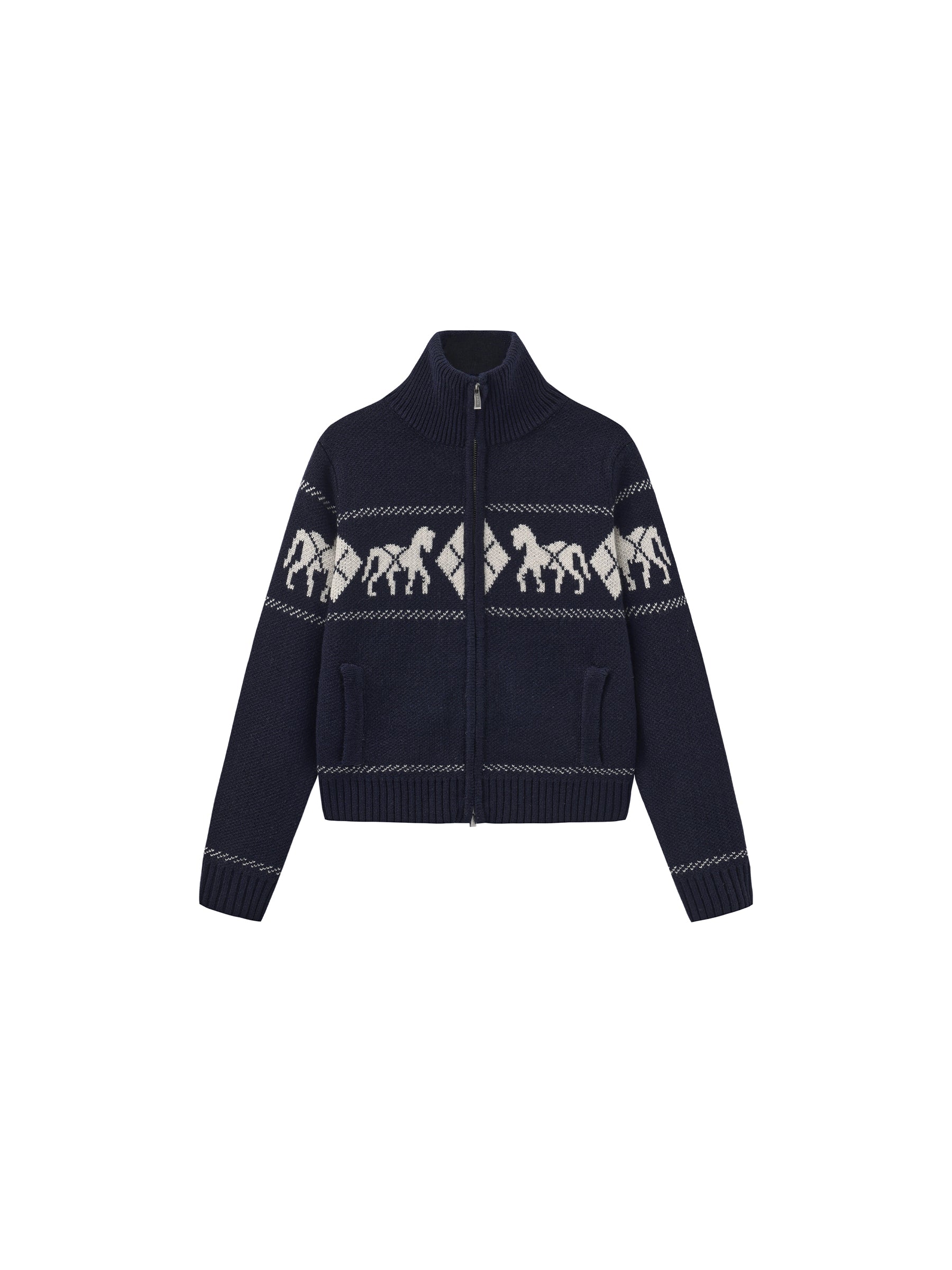 Horse Pattern Diamond Zip-Up Knit Cardigan-14