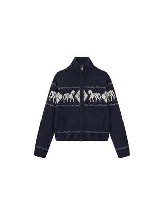 Horse Pattern Diamond Zip-Up Knit Cardigan