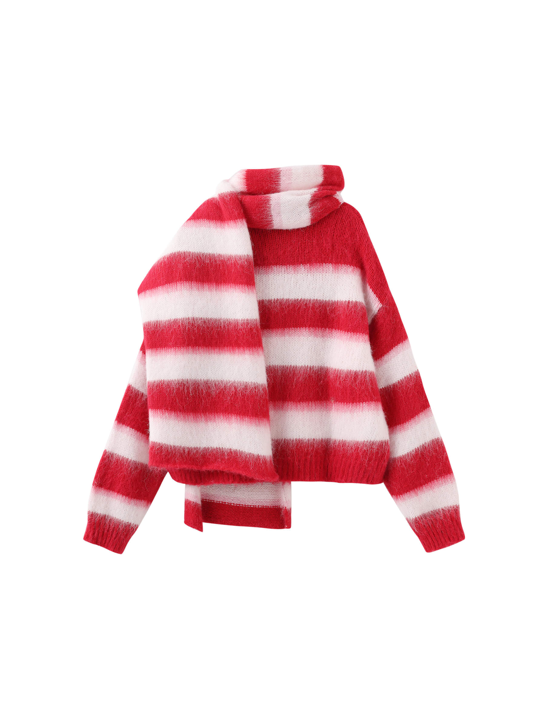 Striped Color Block Wool Knit Cardigan With Scarf-15