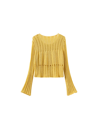 Beaded Hollow-Out Knit Top with Flare Sleeves