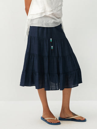 CUBIC Lyocell Linen Blend Tiered Striped Midi Skirt