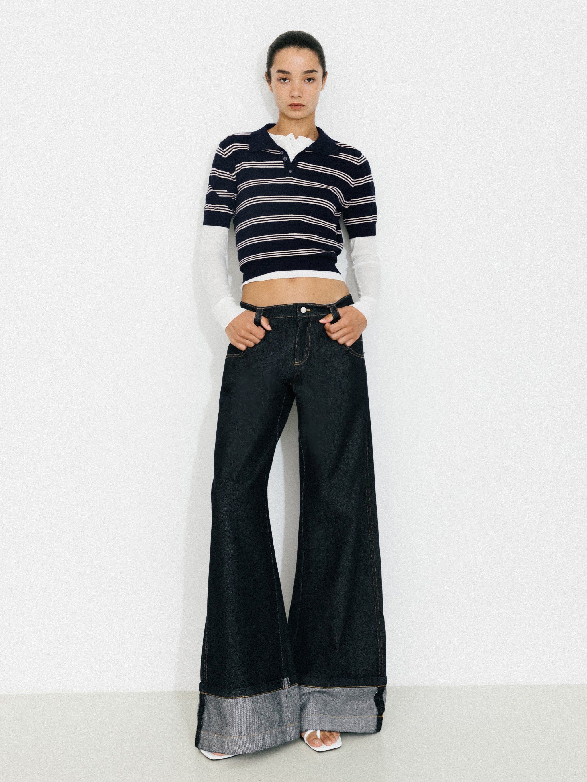 CUBIC-Striped Cropped Polo Collar Cotton T-Shirt-14