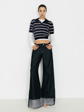 CUBIC-Striped Cropped Polo Collar Cotton T-Shirt