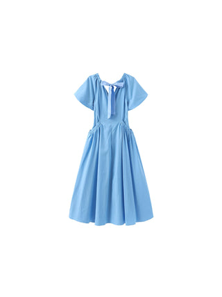V-neck Pleated Puff Sleeve Dress