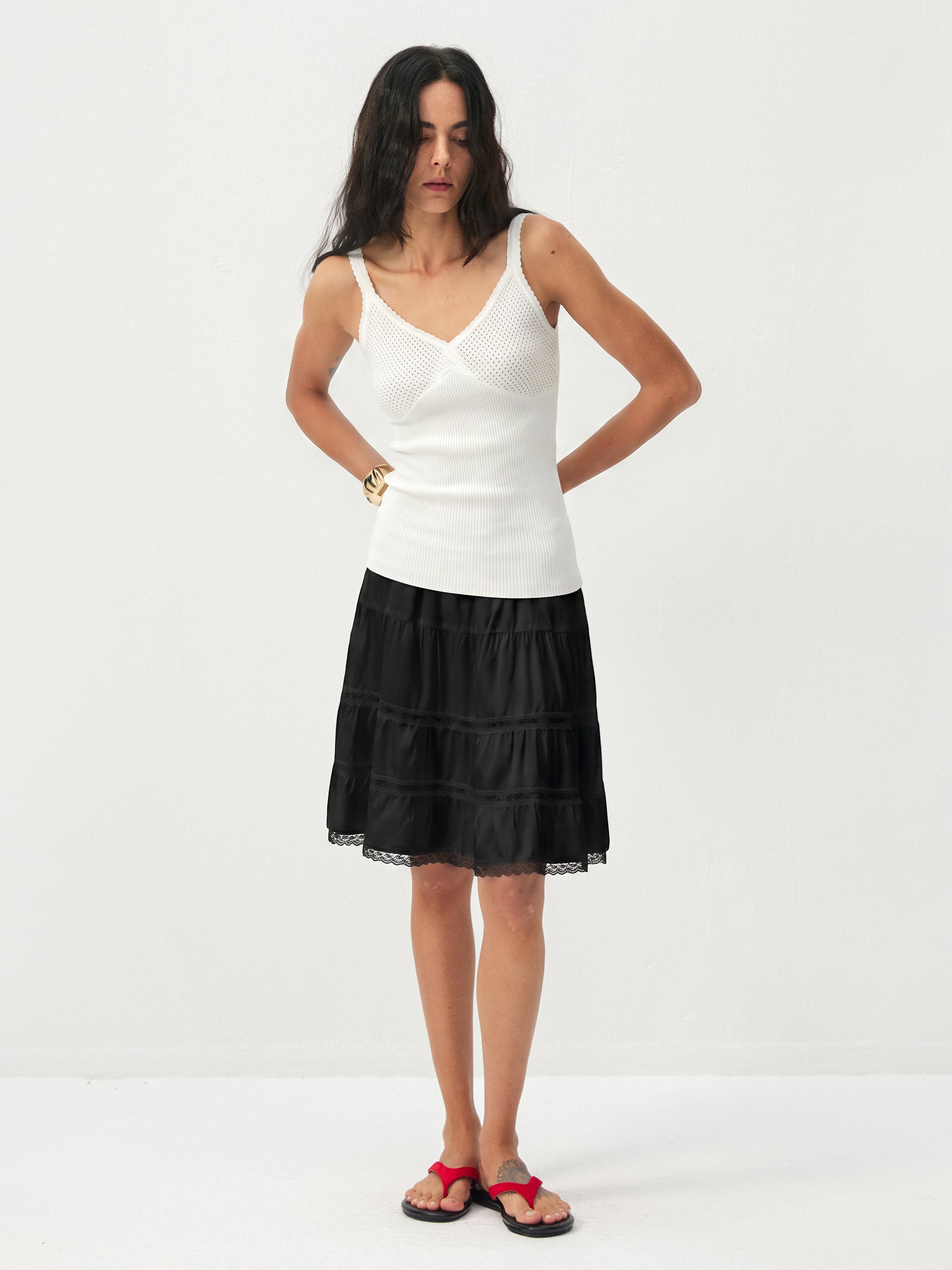 CUBIC Lace Tiered Satin Mini Skirt-14