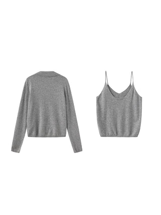 Zip-Up Collared Cropped Knit Cardigan & Vest Set