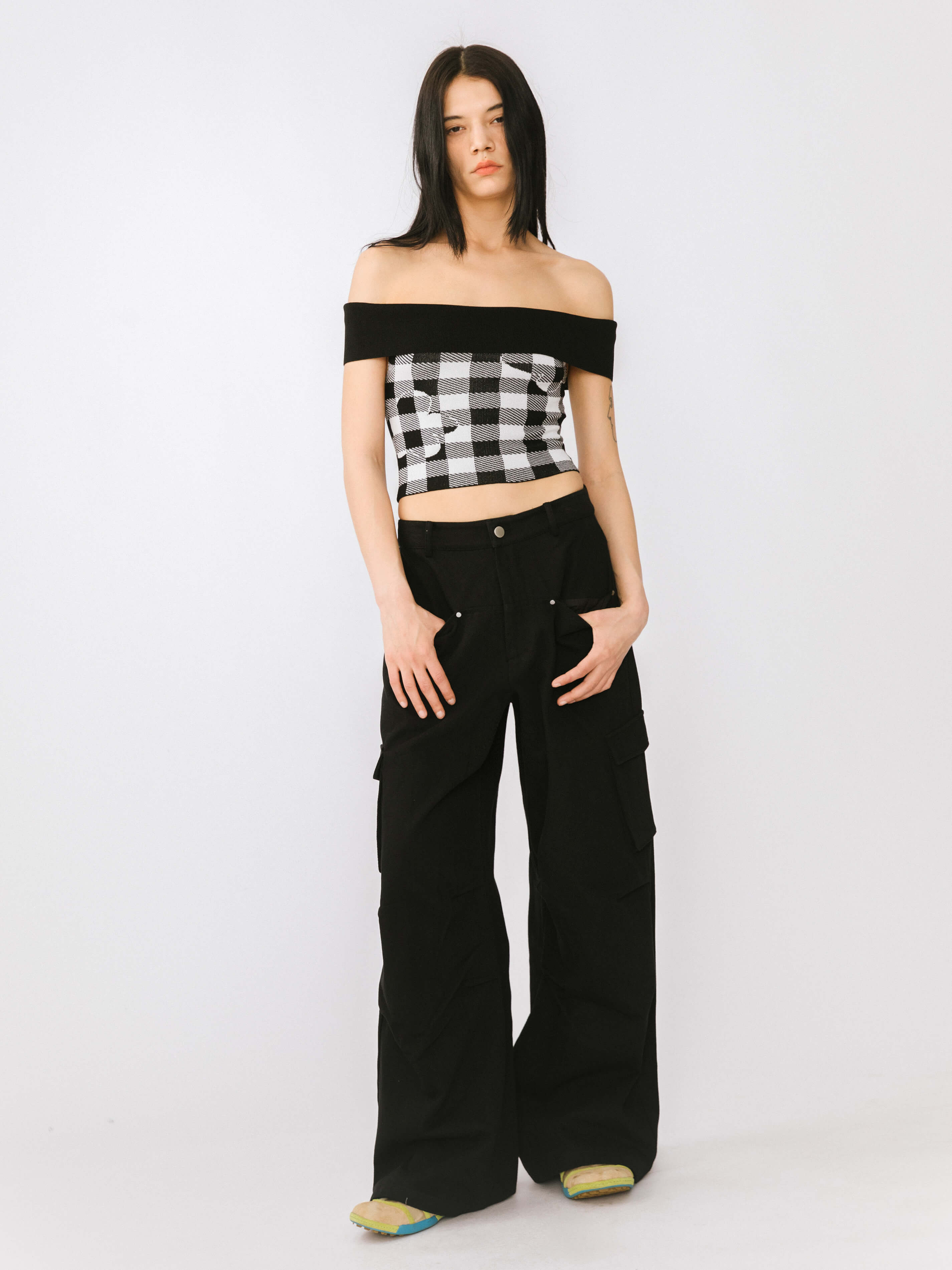 Off-Shoulder Checkered Knit Cami Top-16