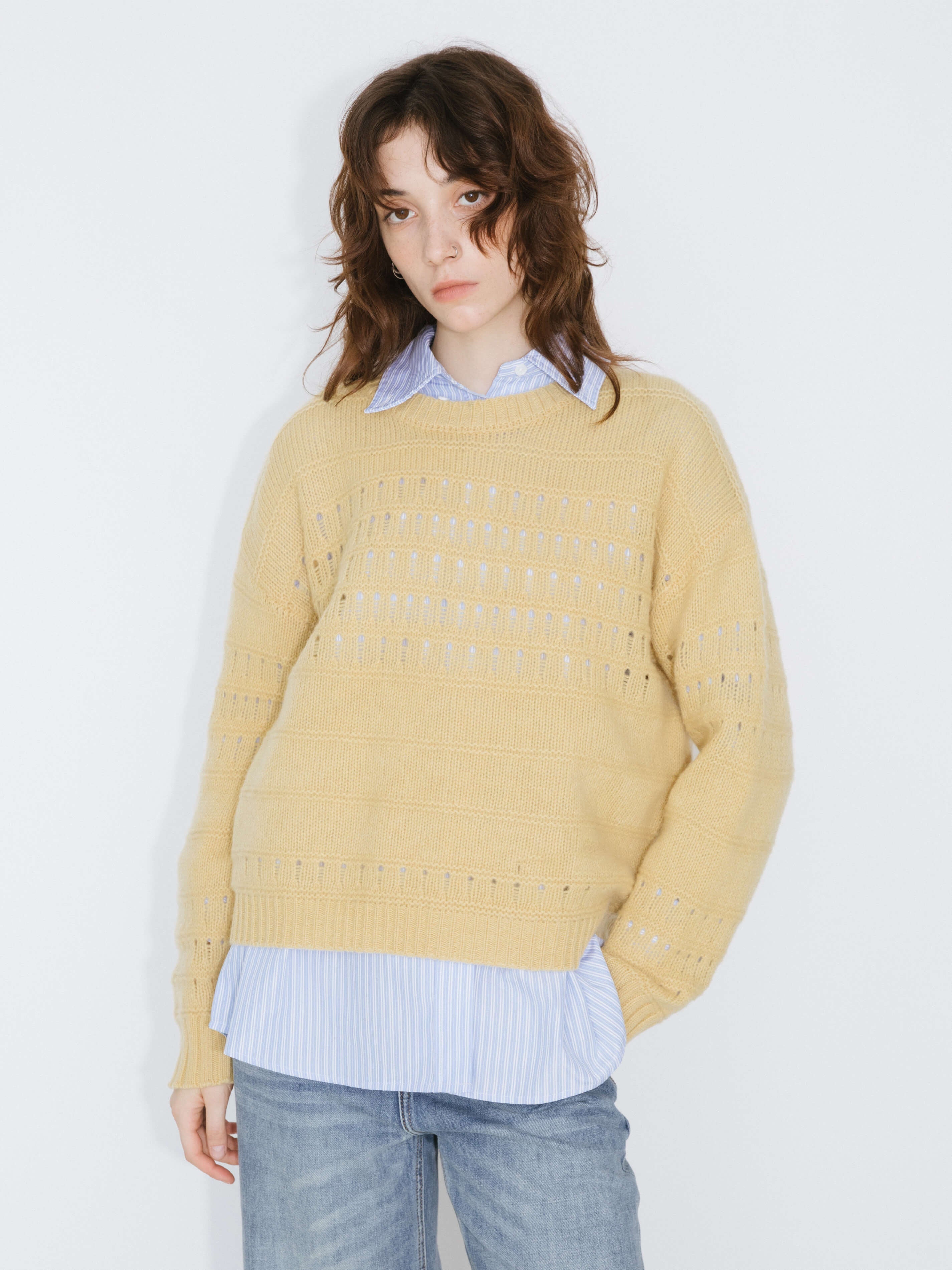 Hollowed 100% Wool Long Sleeves Knit Sweater-14