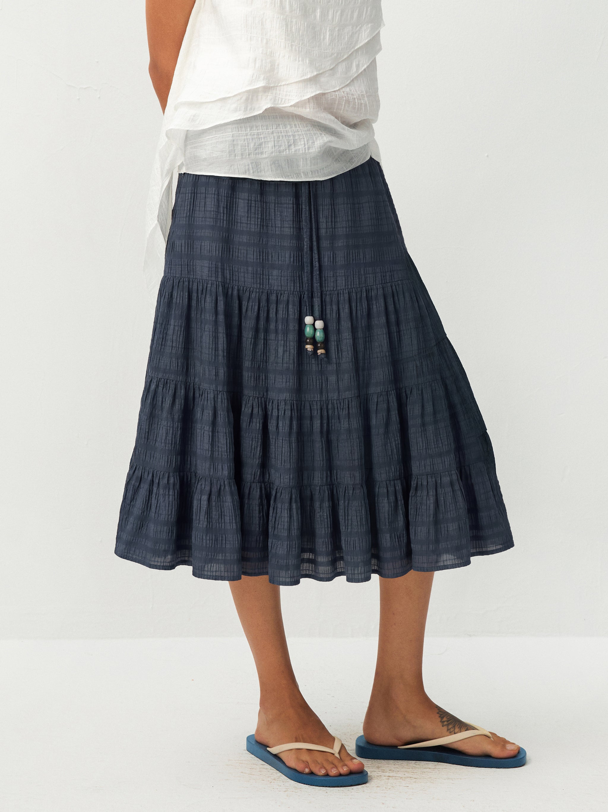 CUBIC Lyocell Linen Blend Tiered Striped Midi Skirt-16