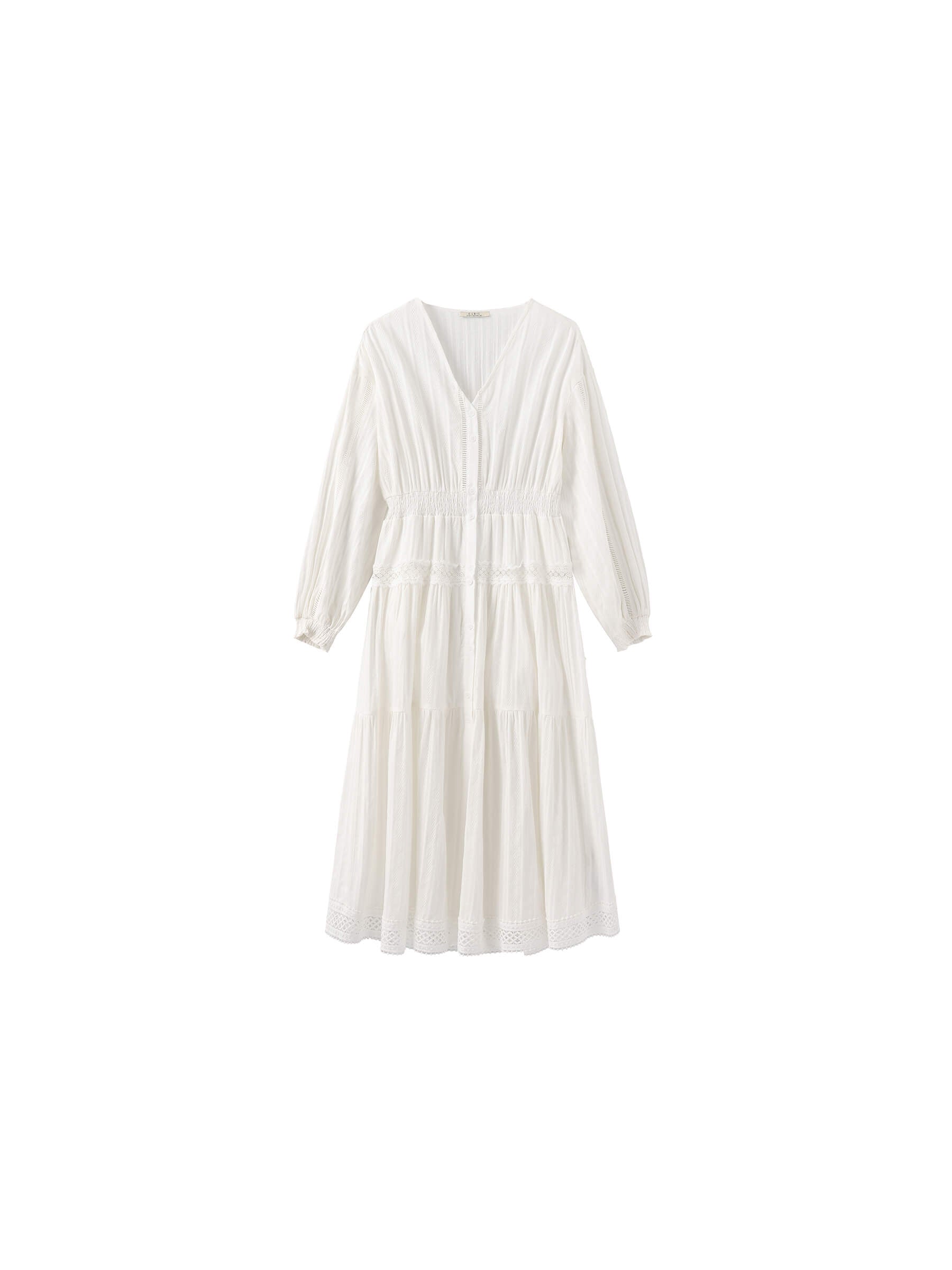 100% Cotton Lace Hollow V-Neck Waist-Cinched Maxi Dress-17