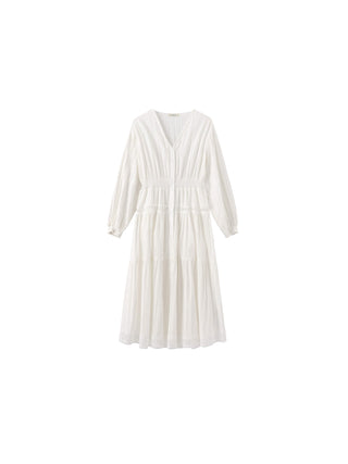 100% Cotton Lace Hollow V-Neck Waist-Cinched Maxi Dress